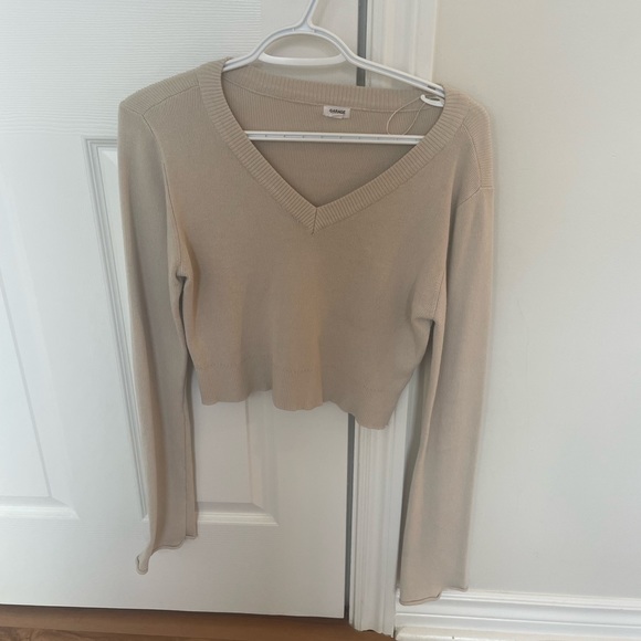 GARAGE Beige Cropped V-Neck Sweater - Picture 1 of 2